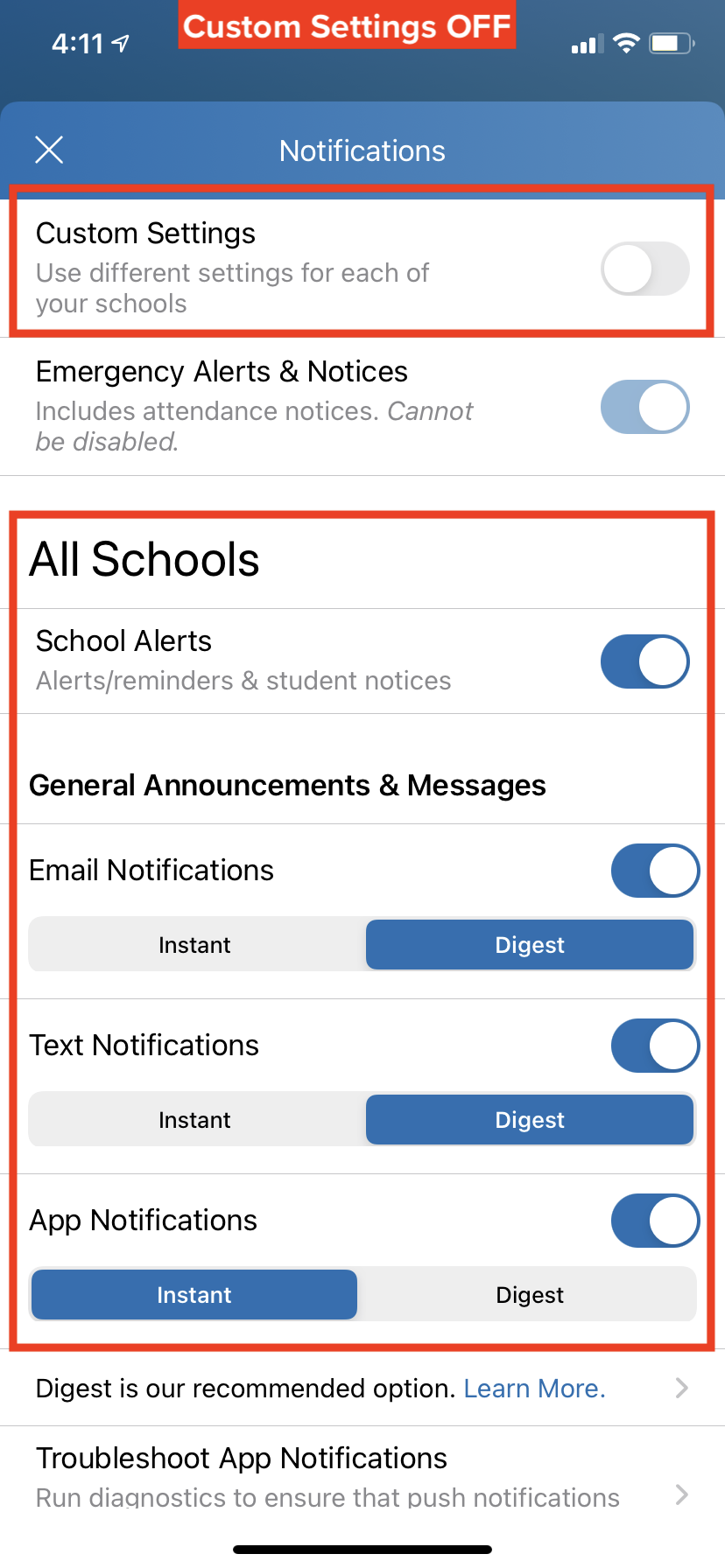 ParentSquare App Default Notification Settings Image